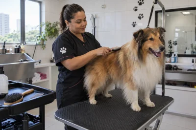 Profissional brasileiro escovando um cão de pelo longo sobre mesa antiderrapante em um salão